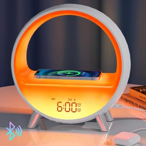 MOMILLA Sunrise Alarm Clock with Wireless Charging Station, Sound Machine with Bluetooth Speaker, 15 White Noise Machine & 11 Lights Table Lamp, Alarm Clocks for Bedrooms Kids/Baby/Adults