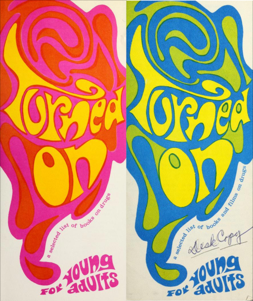 Two multicolored booklist covers that say “Turned On” in groovy bright lettering and say they’re books and films about drugs for young adults