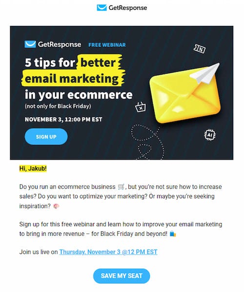 Webinar invitation email keeping the subscribers engaged with expert advice and tips.