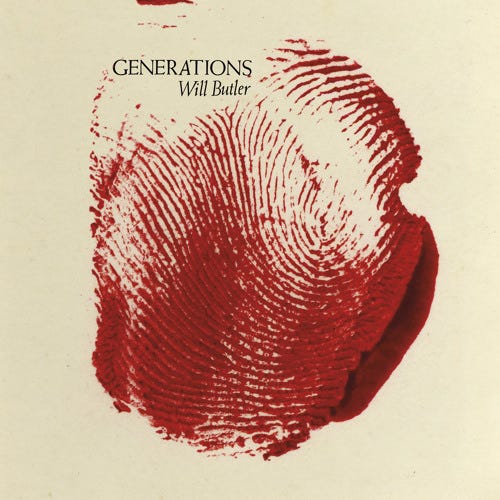 Will Butler “Surrender” single cover art; red fingerprint on beige background with single name and artist name in top left corner of fingerprint
