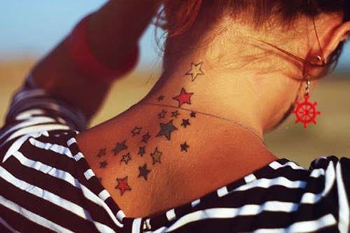 neck back colorful multi star tattoo