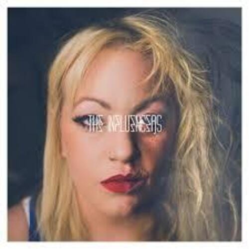 The Influencers “Desert” single cover art; blond woman with makeup looking at camera with band name in thin white text over her eyes and a white border
