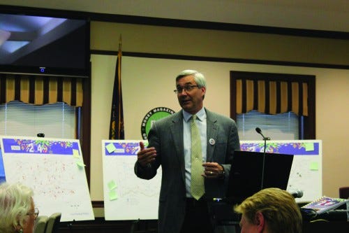 MATT SCHICKLING / WIRE PHOTO Brian O’Leary, section chief of planning for Montgomery County, speaks to residents at Abington Township Municipal Building on Sept. 17. 