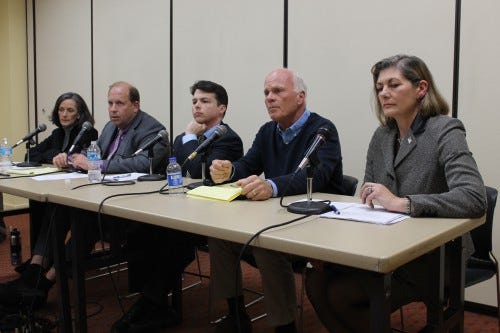 From left, Dr. Valerie Arkoosh, state Sen. Daylin Leach state Rep. Brendan Boyle and Republican candidates Dee Adcock and Beverly Plosa-Bowser participated in a bipartisan forum hosted by Democracy Unplugged at the Abington Free Library on April 16.