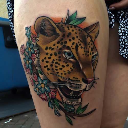 woman upper leg tiger tattoo woman thigh tiger tattoo