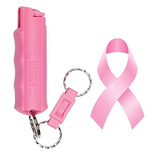 SABRE Red Pepper Spray - Police Strength - with Durable Pink Key Case, Finger Grip, Quick Release Key Ring, 25 Bursts (Up to 5x Other Brands) & 10-Foot (3M) Range - Supports National Breast Cancer Foundation (Over $1.25 Million Donated so Far!)