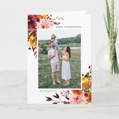 Watercolor Autumn Flowers Thanksgiving Photo Holiday Card