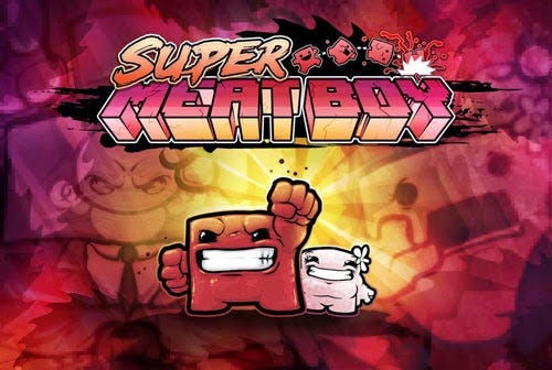 Super Meat Boy promotional artwork. Meat Boy raises a fist, his girlfriend behind him.