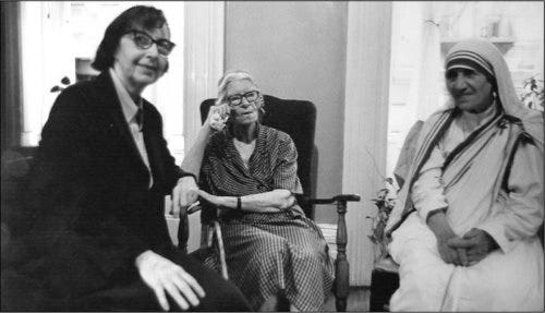 Seat Left to right in a black and white photo, peace activist Eileen Egan, Dorothy Day, founder of the Catholic Worker Movement, and Mother Teresa, now St. Teresa of Calcutta.