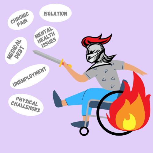 A person sits in a wheelchair, leaning forward, arm outstretched, with a sword in it. They are wearing an old-fashioned knight’s helmet. The wheelchair has a huge flame coming off the back wheels. The person looks as though they are battling several white circles with grey text on them that say things like Medical Debt, Unemployment, Physical Challenges, Mental Health Issues, Chronic Pain, and Isolation. The person is meant to depict a Chronic Illness Warrior.