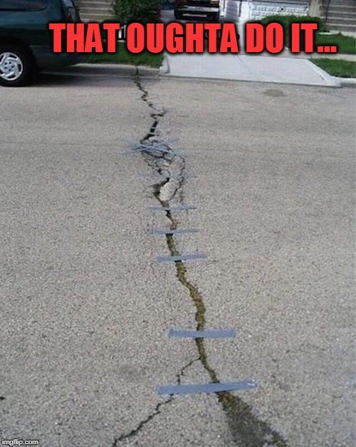 Picture of a road erosion with duct tape being used across it to no effect.
