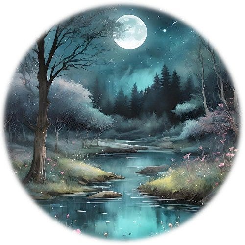 A stream wandering through a forest with the moon shining above