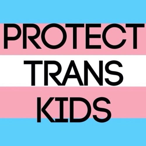 Graphic showing trans flag with text saying “Protect Trans Kids”