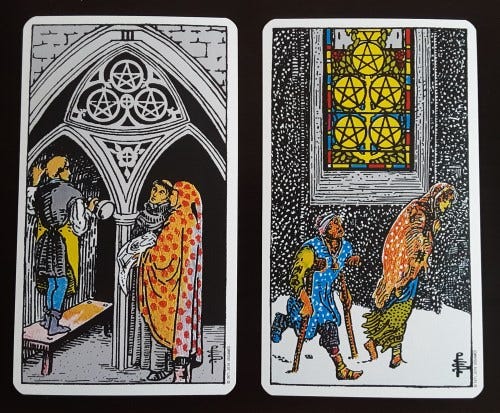 Two tarot cards side by side: the three and five of pentacles