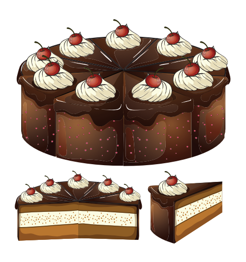 A whole black-forest cake, along with a half and a single slice of the same cake.