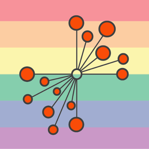 The Student Hub logo with dots connected via lines to an inner circle. The background is a pastel version of the Pride flag.