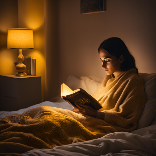 Image of a woman reading a book in bed with a lamp beside her produced by Canva