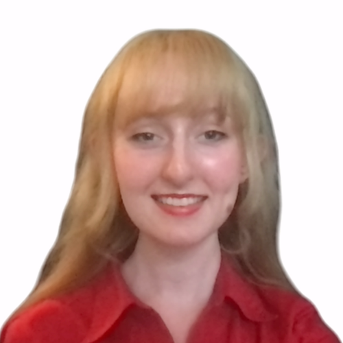 A headshot of Rachel Greenwood, a white woman with blonde hair, from the shoulders up. She is looking at the camera with a smile. She is wearing a bright red shirt and matching red lipstick.