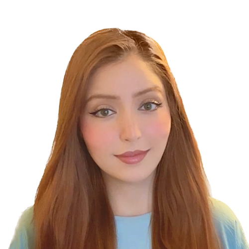 A photo of an Arab American woman, Sarah, from the shoulders up with a white backdrop. She is facing the camera with her head slightly tilted and is smiling with her lips closed. She is wearing a light blue long sleeve top. Her hair is a reddish brown color and lays straight on her shoulders.