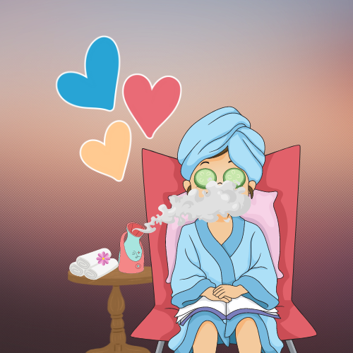 A person, possibly a chronic illness sufferer, with cucumber slices over their eyes, wearing a bathrobe with a towel around their head is sitting in a chair. On a table next to them is a small facial steamer and it is blowing steam towards the person’s face. There is also a stack of small hand towels on the table. There are cartoon hearts floating above the person’s head to make the viewer think the person is very happy.