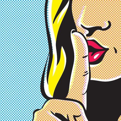 Illustration in Pop Art style of Woman with finger to mouth “shh”