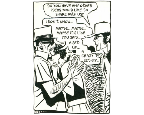 Panel from Sand Castle: two men argue, with one attempting to find an explanation for their situation, saying “I don’t know…maybe…maybe…maybe it’s like you said…a set up…a crazy set up…”