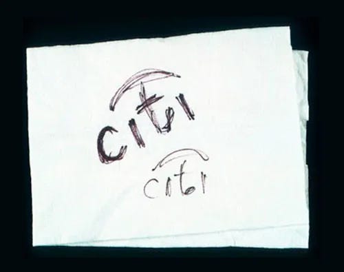 The sketch of the Citi logo on a napkin