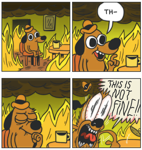 This is Not Fine meme by KC Green (2016). In this four-panel drawing, an anthropomorphic dog sits in a kitchen engulfed in flames. Smiling at first, they are about to say “This is fine” but over the course of the comic, their eyes widen and they scream “THIS IS NOT FINE!!”.