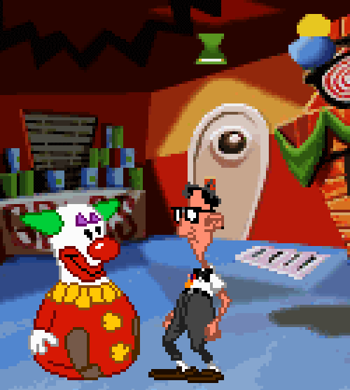 Character punches big blow-up clown and it rocks back and knocks him over.