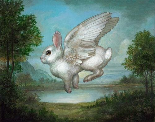 A rabbit with wings flies across a landscape.