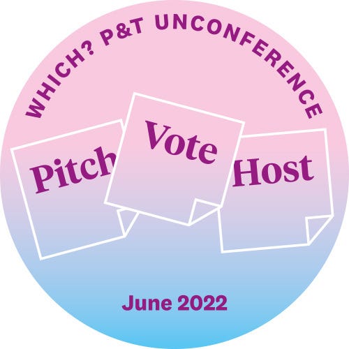 Which? sticker for “Pitch, Vote, Host” unconference.