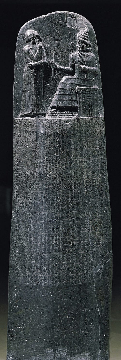 The granite law stone created for King Hammurabi of Babylon in around 1770bce, now housed in the Louvre.