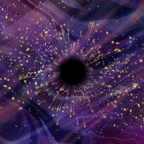 Abstract design with swirling purples and a cosmic feel; a dark void in the center with star-like bursts of gold moving outward.