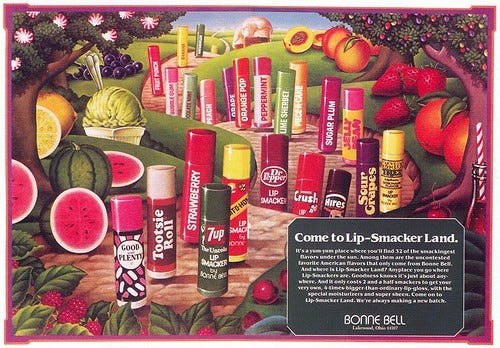 A 70’s Lip Smacker add that has all of the glosses lined up on a twisty trail.