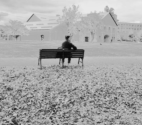 a man (the author) sitting on a park bench and looking away