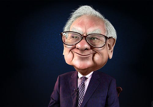 Cartoon character of Warren Buffett, sitting in a chair smiling in a blue suit.