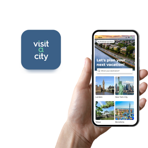 A hand holding a mobile phone where you can see the first screen of Visit a City Travel app, with some destinations options.