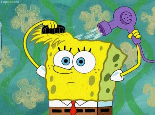 gif animado do personagem Bob Esponja penteando e secando seus cabelos