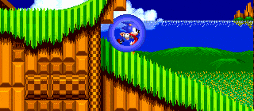 Sonic dos videogames, correndo e fazendo loops ṕara pegar os anéis.