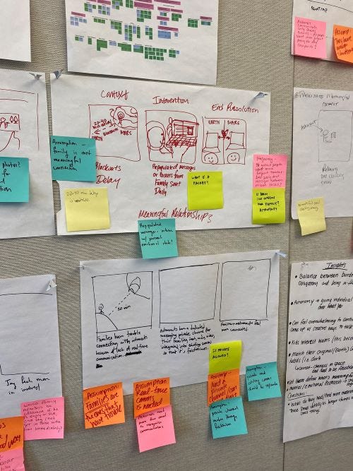 an office wall filled with storyboards and sticky notes attached to them