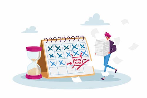 Illustration of guy holding papers and approaching a giant calendar with the words “deadline” in bold red ink.