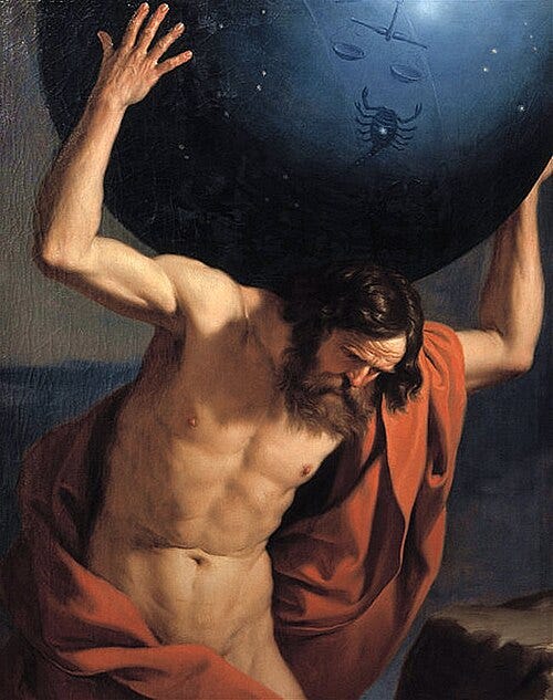 An oil painting by Guercino depicting Atlas, a muscular figure draped in red, holding a large celestial globe above his shoulders. Used as a visual metaphor for AI carrying the conceptual weight of a product so users don’t have to.