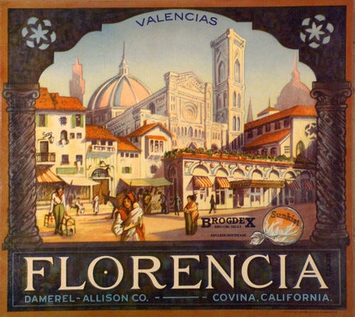 A fruit label with an illustration depicting Florencia