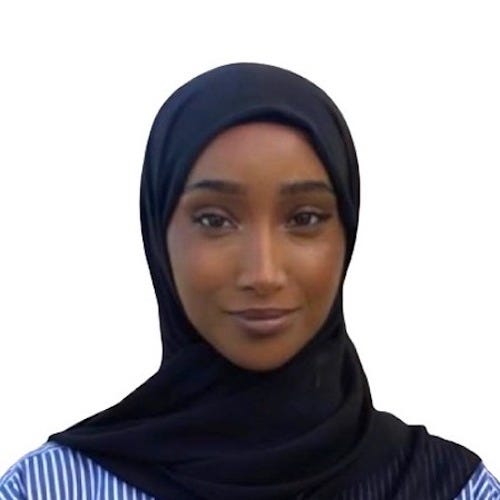 Headshot of Rahma, a Black woman, from the shoulders up. She is looking face-forward at the camera with a slight grin. She is wearing a black scarf covering her head and a dark navy blue top. Picture background is white.