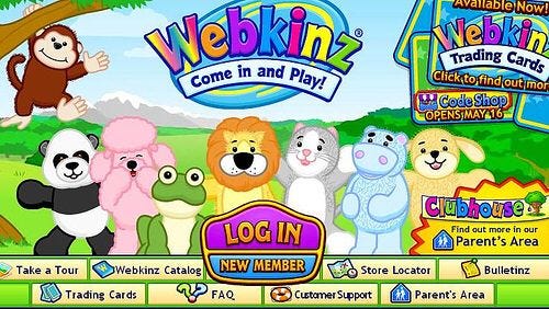 Smiling cartoon animals stand in a line on the screen. A giant colorful “Webkinz” logo is at the top of the page, with a smaller caption saying “Come in and Play!”. The bottom of the page has buttons to log in, join as a new member, along with options for FAQs and Customer Support.