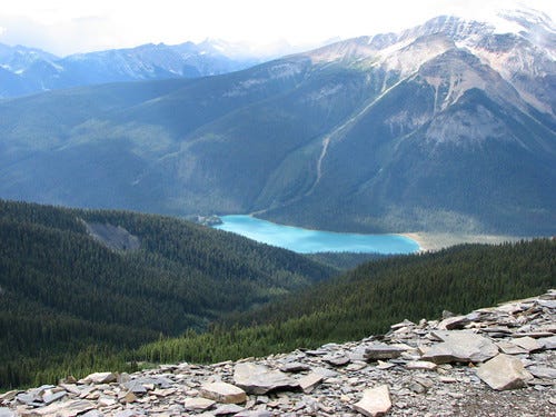 A landscape of the Canadian rockies, where the fossil of Balhuticaris was found.