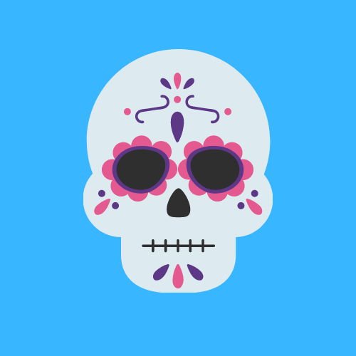 A traditional sugar skull with pink flowers around the eyes and pink and purple decorations.