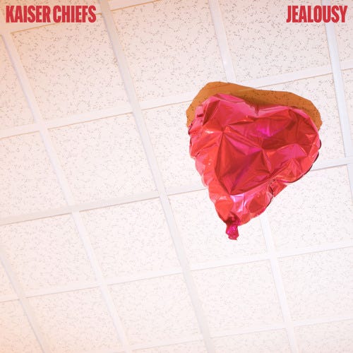 Kaiser Chiefs “Jealousy” single cover art; slightly deflated red heart balloon that has floated to a tile block ceiling