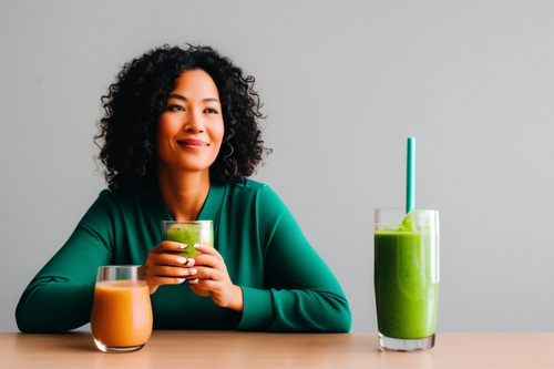 The image shows a person sitting at a table, looking bored and unhappy as they sip a green smoothie. The background is blurry, but there are other empty glasses and a blender visible, suggesting that the person is following a liquid diet. The image represents the monotony and lack of satisfaction that can come with extreme weight loss methods, and the difficulty of sustaining them over time.