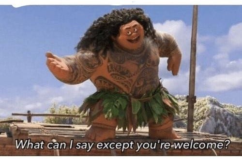 Meme of the character Maui from Moana saying “What can I say except you’re welcome?”